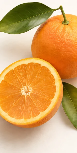 A whole orange and a halved orange with green leaves
