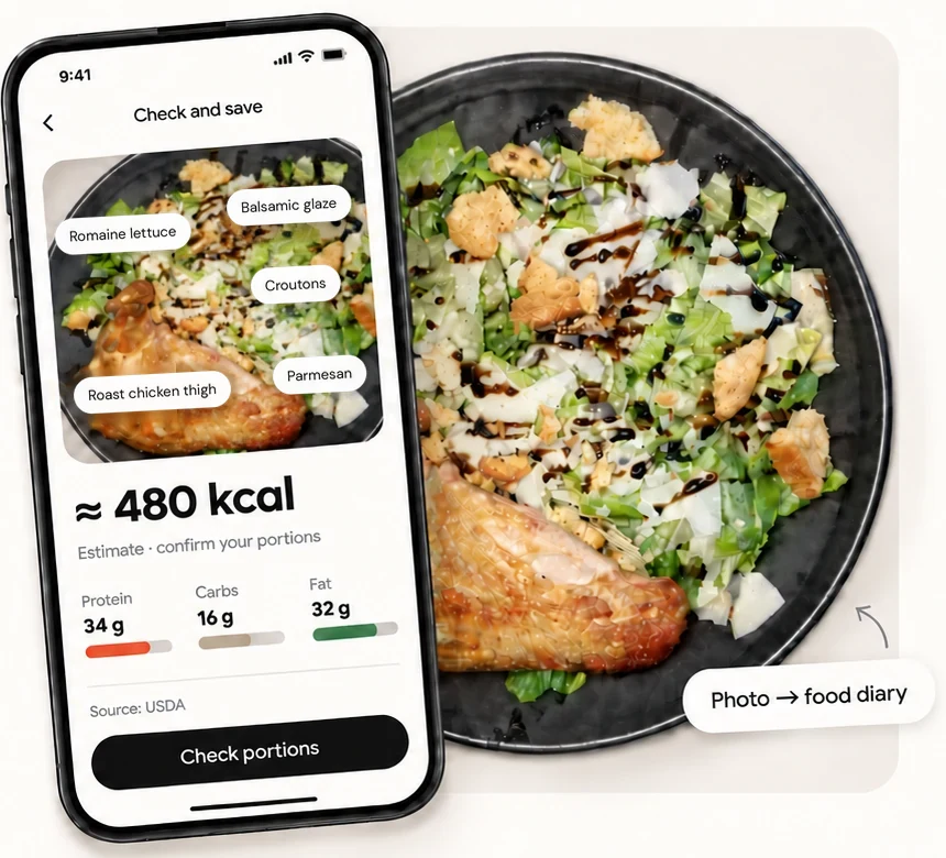 A meal photo beside a Calsa diary with calories and macros