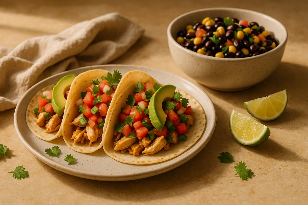 Chicken tacos with pico de gallo and avocado, a black bean and corn salad and lime