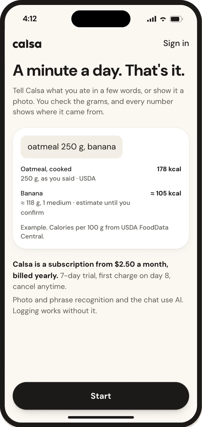 Calsa welcome screen: a minute a day, with oatmeal and a banana logged from a few words
