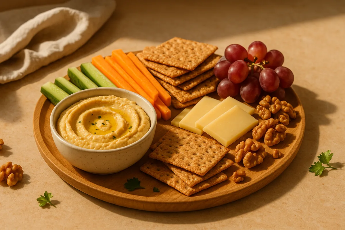 A snack board of hummus, carrot and cucumber sticks, crackers, cheese, grapes and walnuts