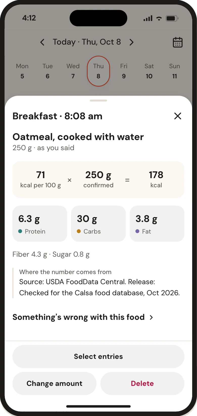 Calsa entry details: 71 kcal per 100 g times 250 g, with USDA as the source