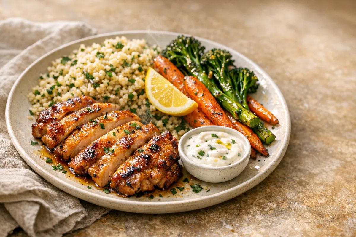 Grilled chicken with quinoa and roasted vegetables