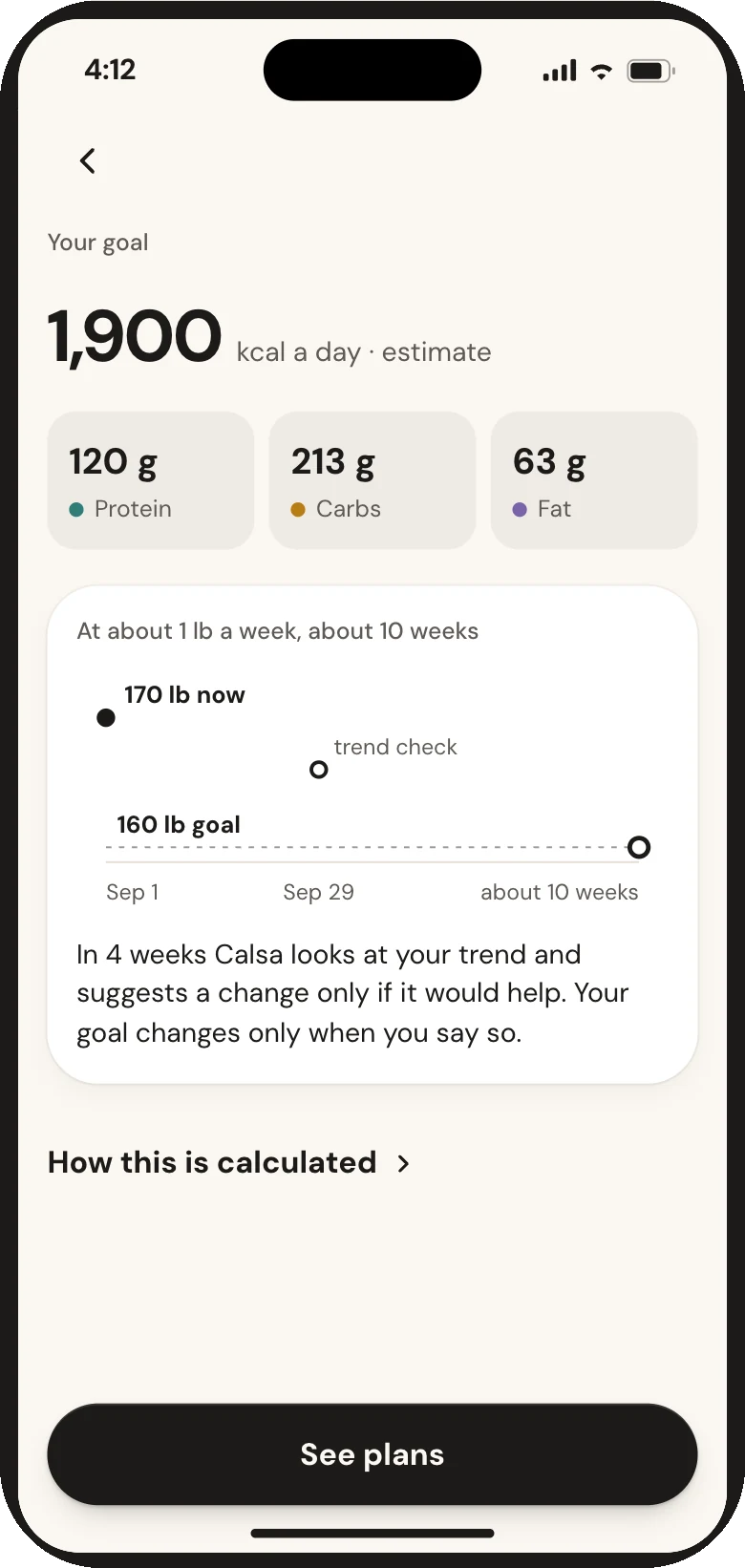 Calsa goal screen: 1,900 kcal a day with protein, carbs and fat