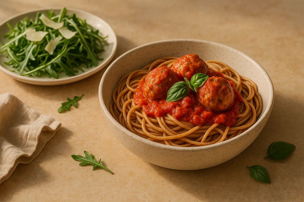 Whole-wheat spaghetti with turkey meatballs and an arugula salad with parmesan