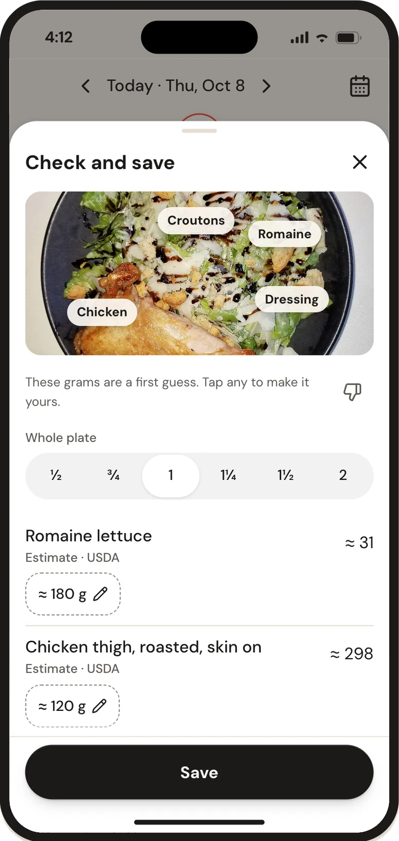 Calsa Check and save: a photo of a salad with each food and its grams to confirm