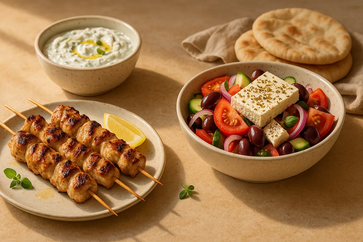 Chicken souvlaki with tzatziki, a Greek salad and warm pita