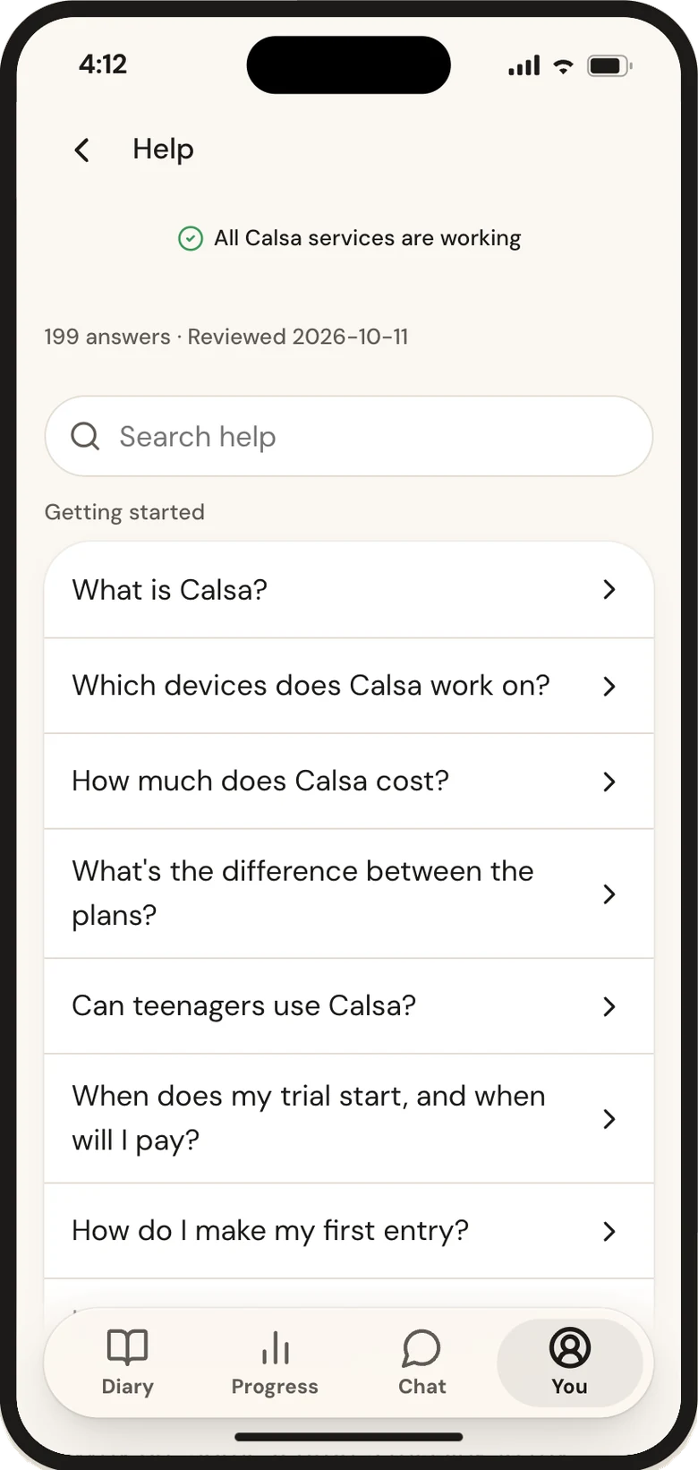 Calsa Help in the app: search and answers by topic