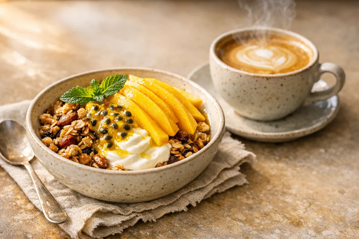Toasted muesli with yogurt, mango and passionfruit, and a flat white