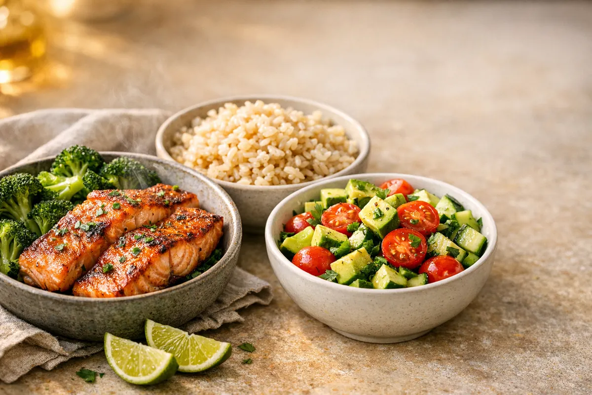 Salmon, brown rice and avocado salad in three bowls