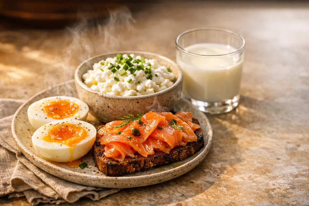 Eggs, cottage cheese and smoked salmon on rye