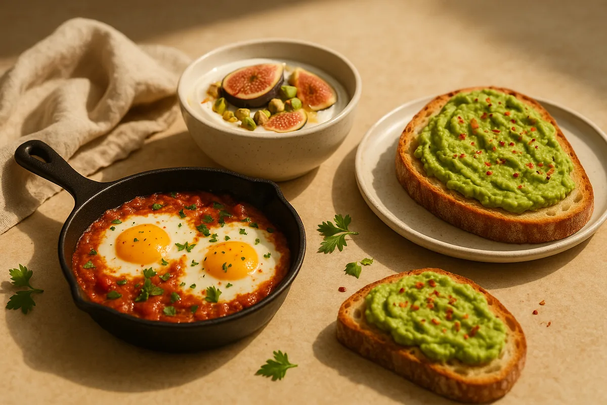 Shakshuka in a skillet, avocado toast and yogurt with figs and pistachios