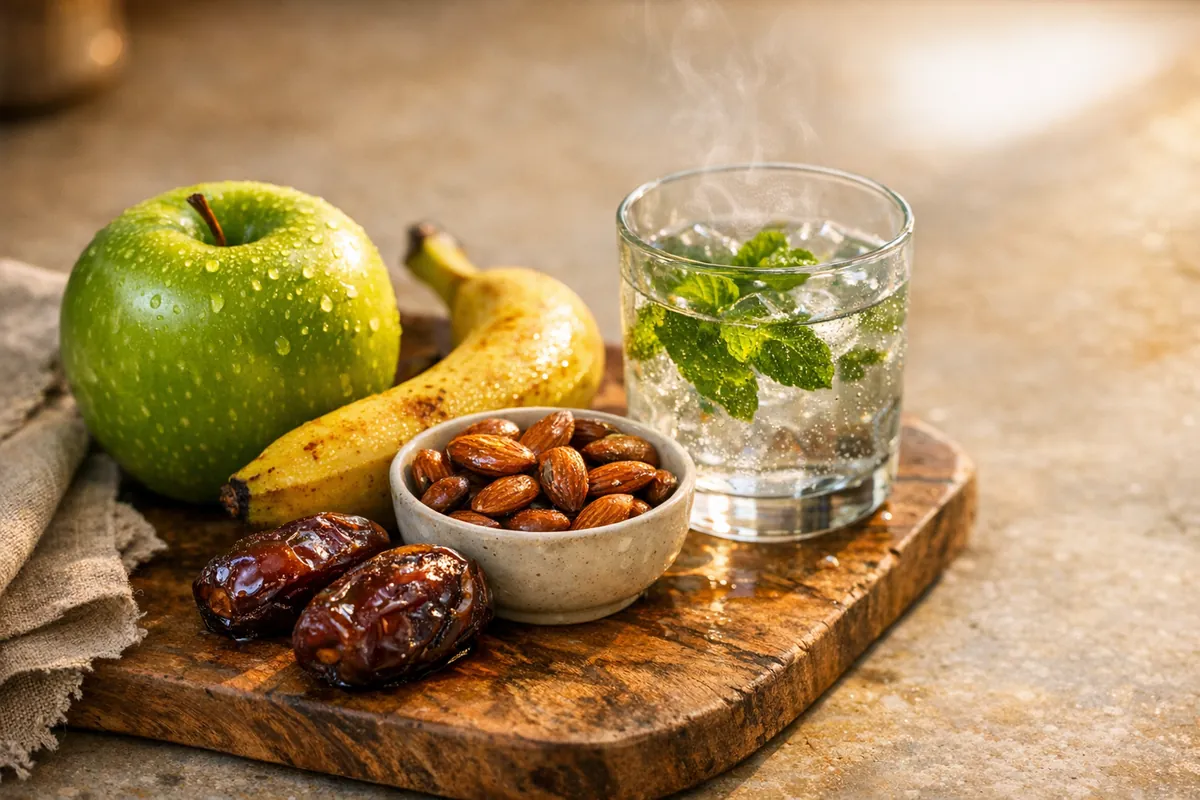An apple, a banana, almonds and dates beside a glass of water
