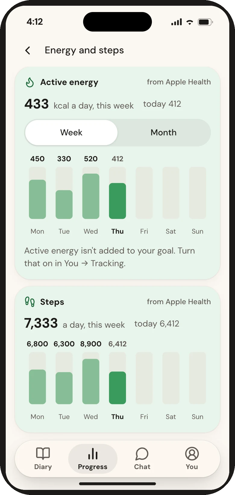 Calsa energy and steps from Apple Health for the week