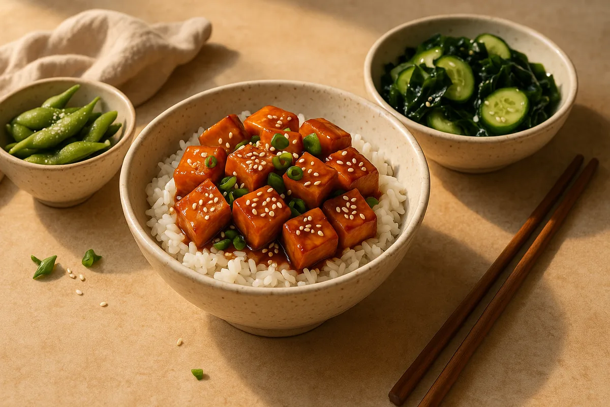 Teriyaki tofu on rice with edamame and a cucumber and seaweed salad
