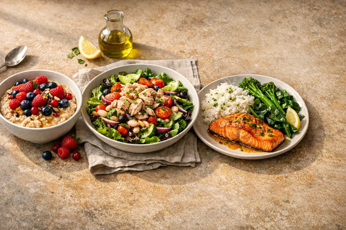 Oats with berries, a tuna and bean salad, and salmon with rice