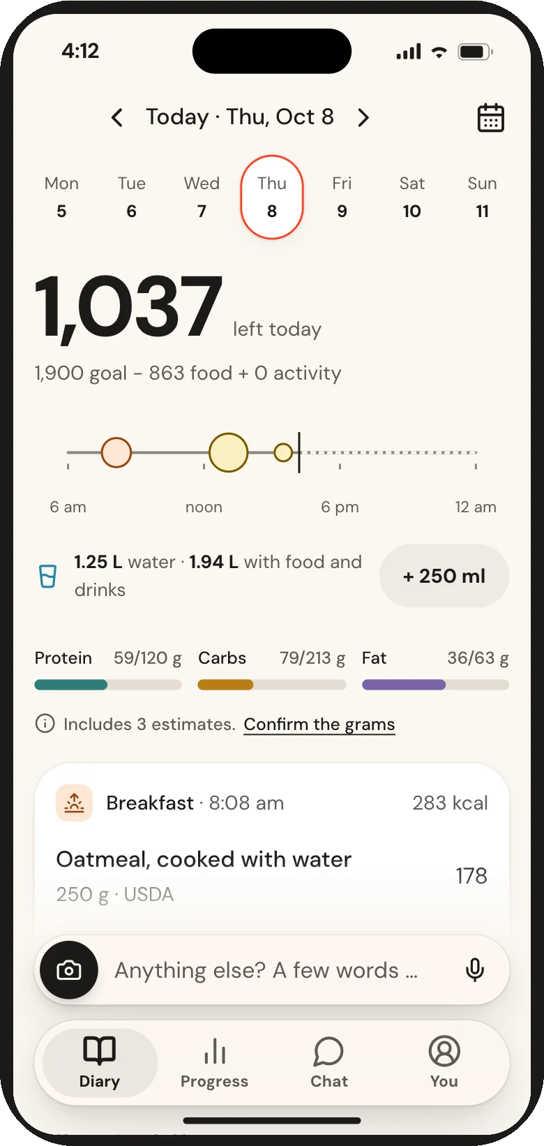 Calsa day: 1,037 kcal left, with protein, carbs and fat