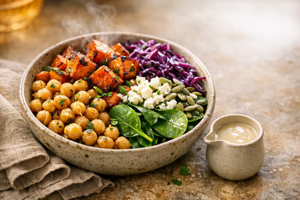 A lunch bowl of chickpeas, sweet potato, spinach and feta